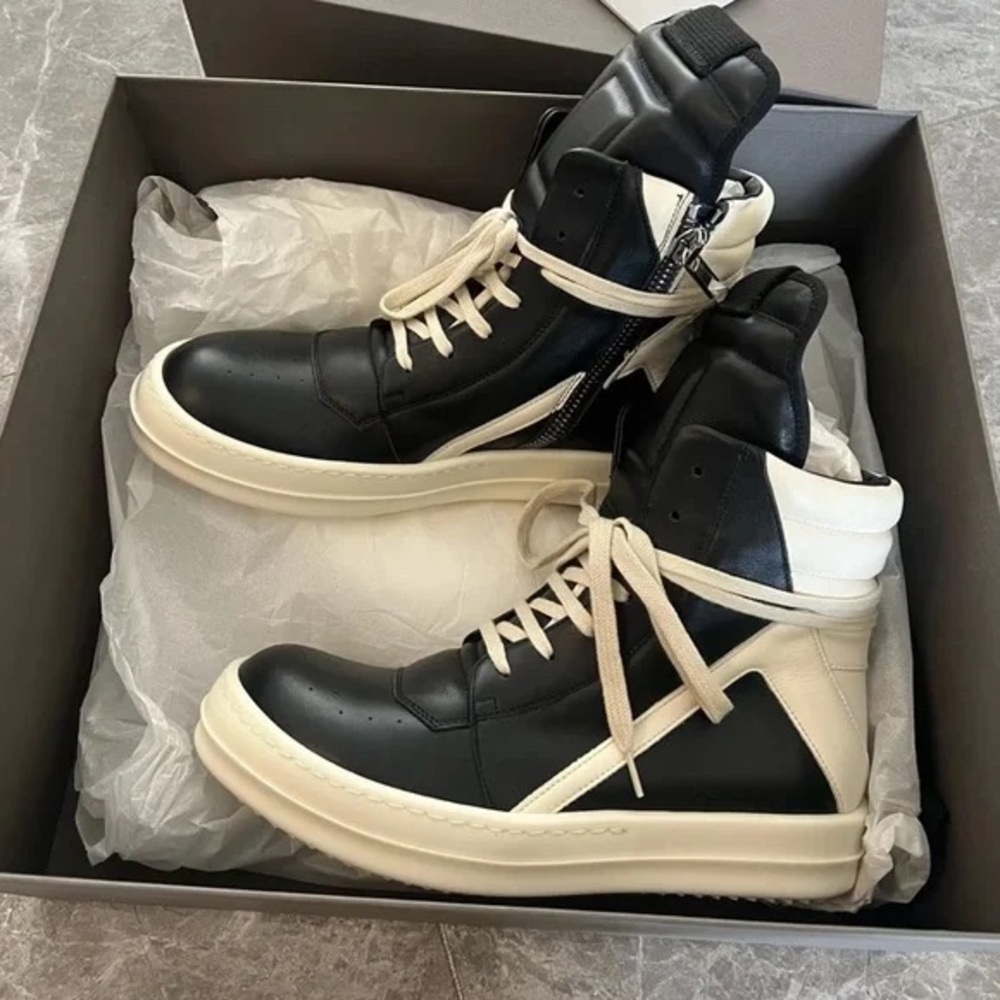 Rick Owens Black and Cream High-Top Sneakers